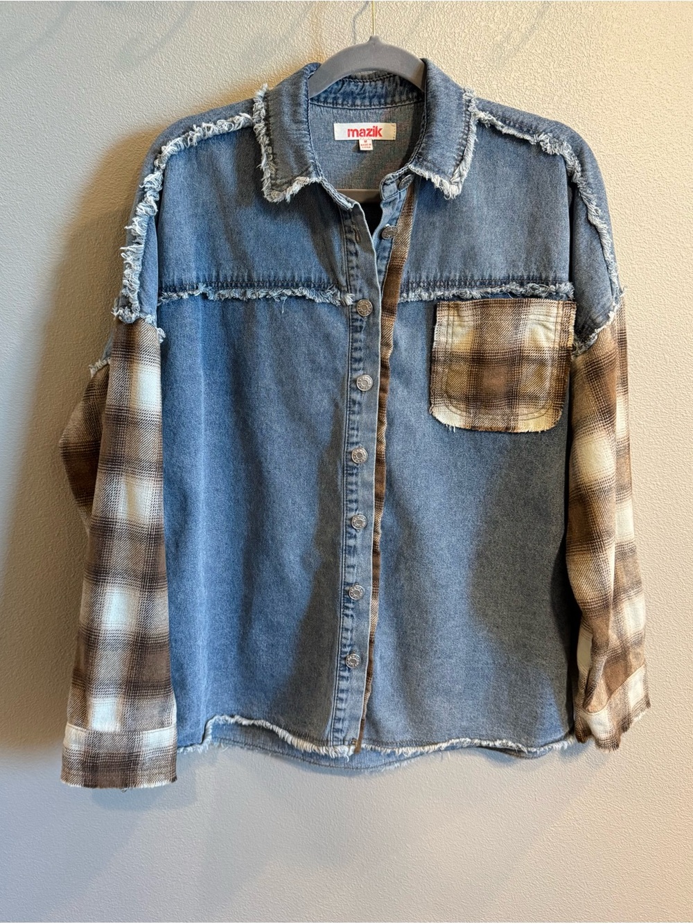 Mazik Distressed Denim & Brown Plaid Shacket